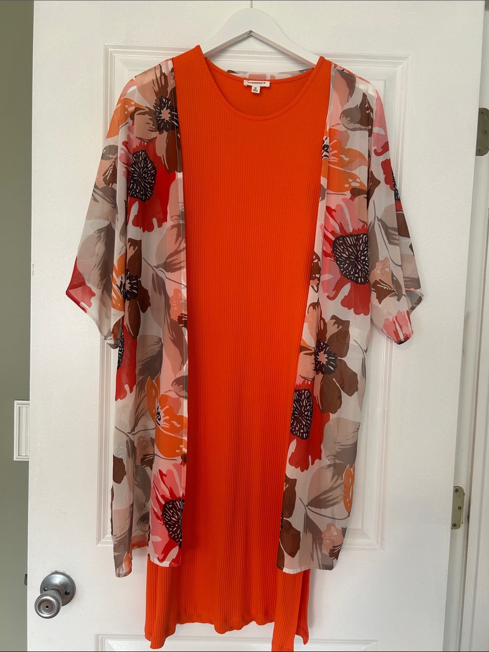 Sugarlips Orange Ribbed Dress with Floral Sheer Kimono